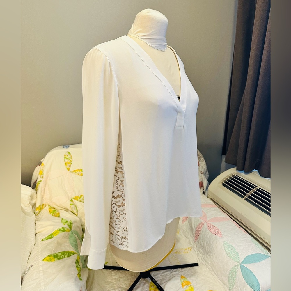 BCBG Maxazria White Blouse with Lace Accents L